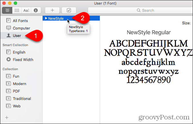 फ़ॉन्ट बुक में उपयोगकर्ता अनुभाग में फ़ॉन्ट