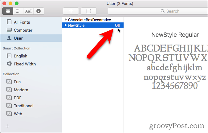 फ़ॉन्ट बुक में उपयोगकर्ता फ़ॉन्ट अक्षम, या बंद