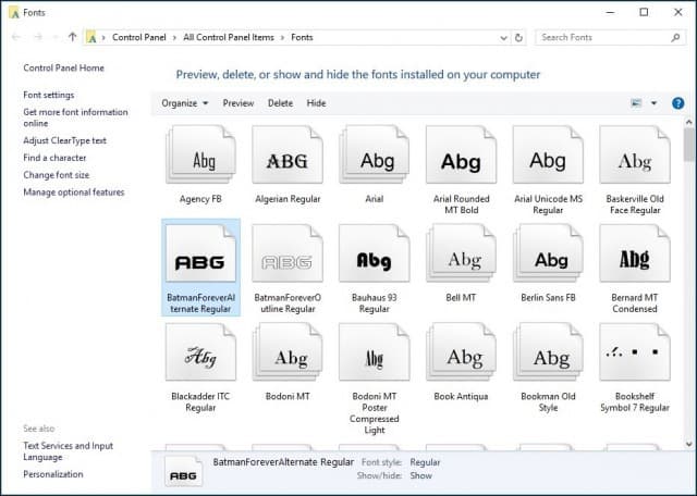 Painel de controle de fontes