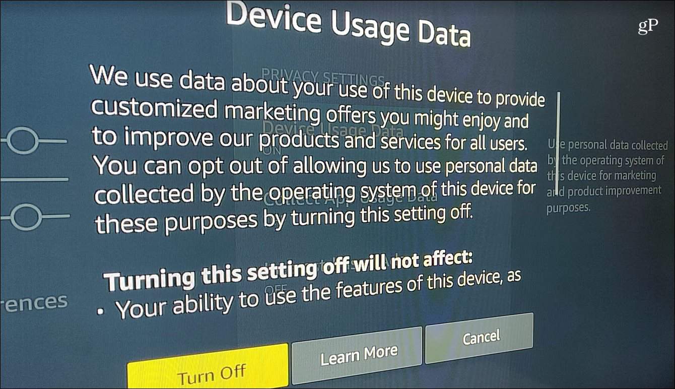 „Fire TV“ įrenginio naudojimo duomenys išjungti