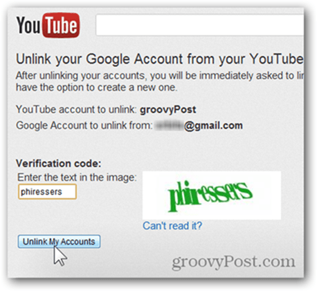 Länka ett YouTube-konto till ett nytt Google-konto - Klicka på Ta bort länk till konton