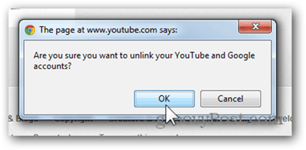 Collega un account YouTube a un nuovo account Google: fai clic su OK per scollegare l'account