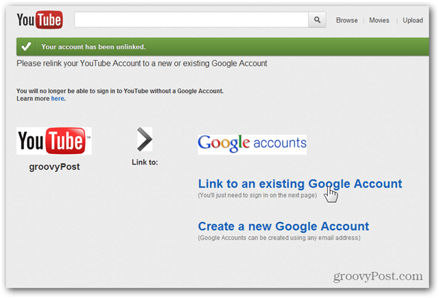 Collega un account YouTube a un nuovo account Google: fai clic su Collega a un account esistente