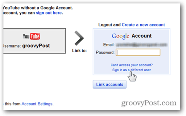 Länka ett YouTube-konto till ett nytt Google-konto - Klicka på Logga in som ett annat konto