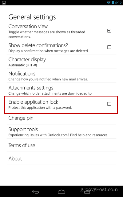 Hur du låser Outlook.com Android-appen med ett lösenord