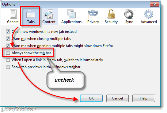 Options de Firefox 4 Onglets et Toujours afficher la barre d'onglets décochée