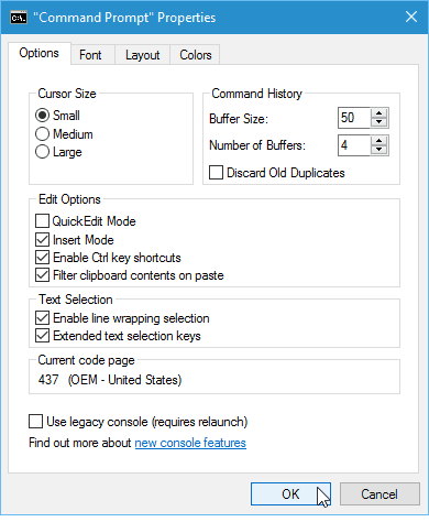 cmd 프롬프트 옵션 탭