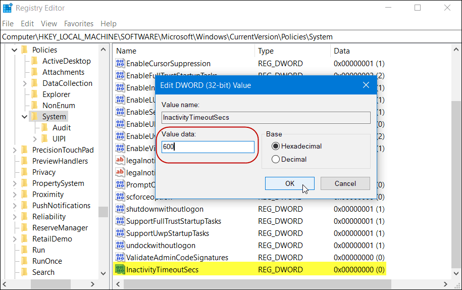 InactivityTimeoutSecsレジストリWindows 10 Homeバージョン
