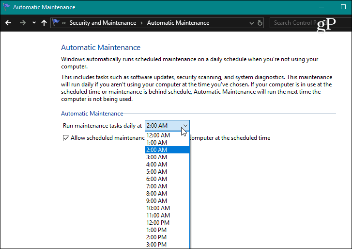 Ställ in automatisk underhållstid Windows 10