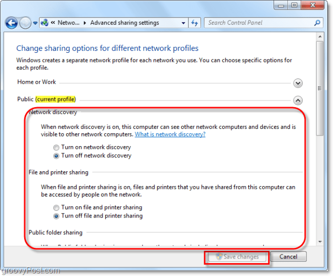 avancerede indstillinger for deling af windows