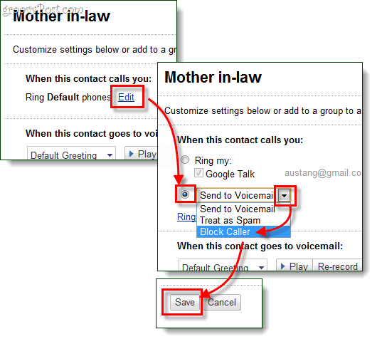 ustaw opcje dzwonka, aby zablokować dzwoniącego i zapisać