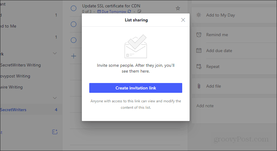 sdílení seznamu v úkolech společnosti Microsoft