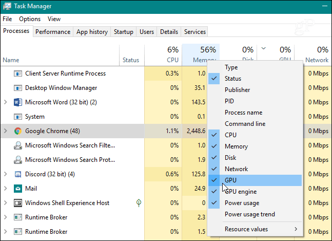 أضف GPU Column Task Manager