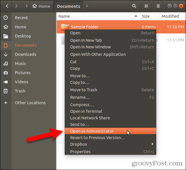 Deschideți opțiunea ca administrator în Nautilus