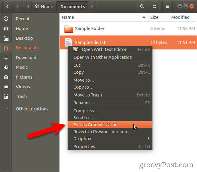 Opțiunea Editați ca administrator în Nautilus