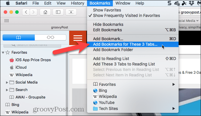 เลือกเพิ่มบุ๊คมาร์คสำหรับแท็บเหล่านี้ใน Safari บน Mac