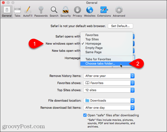 เลือกเลือกโฟลเดอร์แท็บสำหรับเปิดหน้าต่างใหม่ด้วยการตั้งค่าใน Safari บน Mac