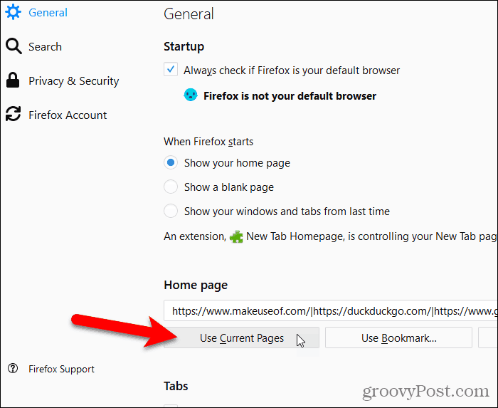 คลิกใช้หน้าปัจจุบันใน Firefox