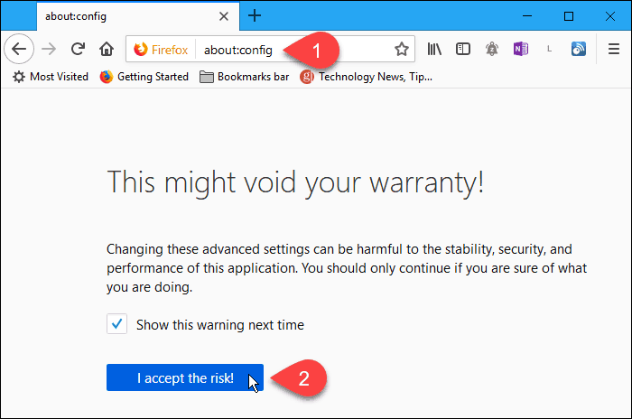 Klicken Sie auf Ich akzeptiere das Risiko auf der Seite about: config in Firefox
