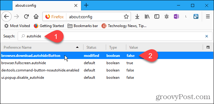 Dubbelklicka på inställningen för autohideButton i Firefox