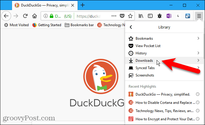 Виберіть Завантаження у меню Бібліотека у Firefox