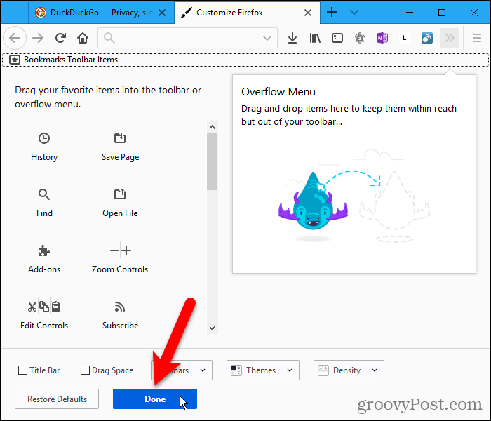 Na kartě Přizpůsobit Firefox klikněte na Hotovo