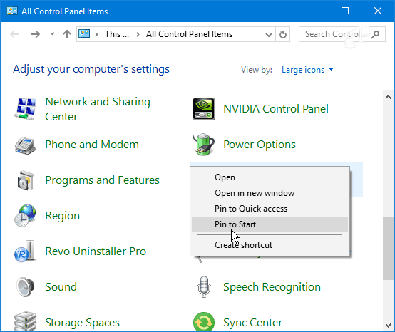 Pin Control Panel Item Start von Windows 10