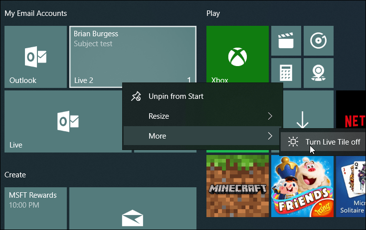 Упорядкуйте плитки Live Mail Windows 10 Start
