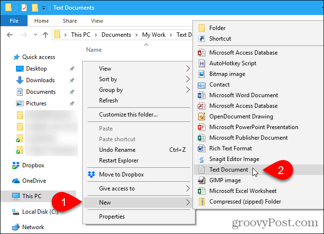 Windows 파일 탐색기에서 새로 작성> 텍스트 문서로 이동하십시오.