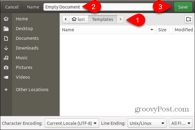 Boş Belge şablonu dosyasını Ubuntu'daki Templates klasörüne kaydedin.