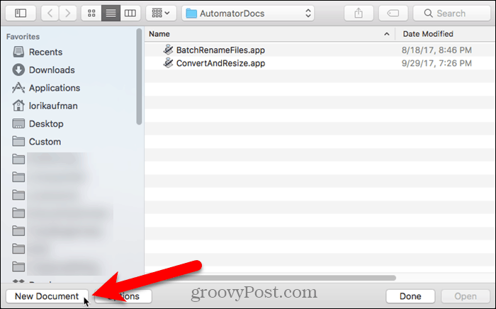 Mac'teki Automator'da Yeni Belge'yi tıklayın