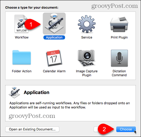 Mac 용 Automator에서 응용 프로그램 유형을 선택하십시오.