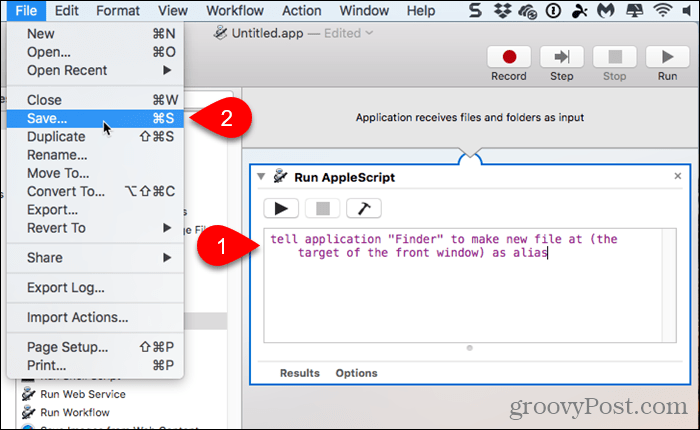 Komut dosyasını AppleScript Çalıştır eylemine yapıştırın ve Kaydet