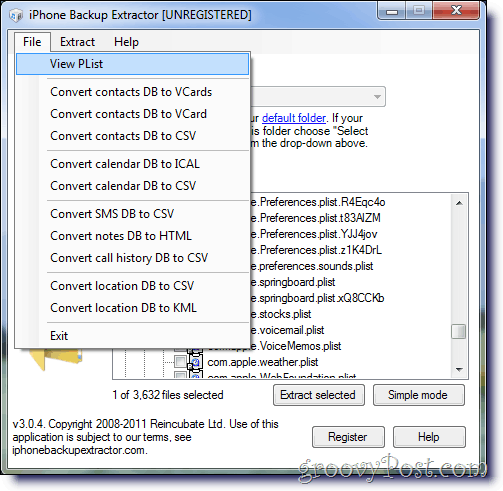 iPhone Backup Extractor visning plist