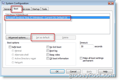 Verwijder Windows 7 Boot-opties van MSConfig Set Defualt OS in Dual-Boot MSCOnfig-opties