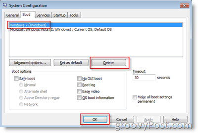 Verwijder Windows 7 Boot-opties van MSConfig