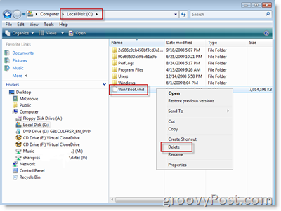 Verwijder Windows 7 .VHD-bestand