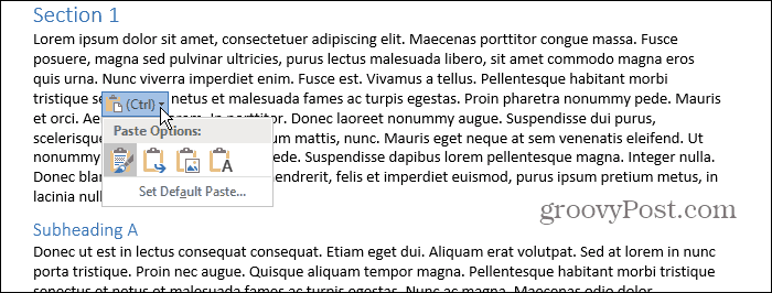 Επικολλήστε το πλαίσιο αναδυόμενων επιλογών στο Word