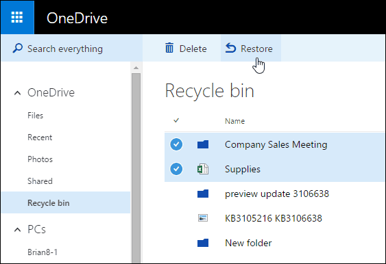 3 שחזור סל המיחזור של OneDrive