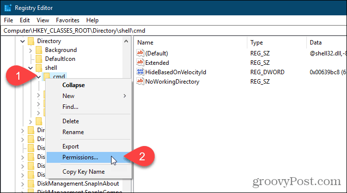 रजिस्ट्री कुंजी को राइट-क्लिक करें और Windows रजिस्ट्री संपादक में अनुमतियाँ चुनें