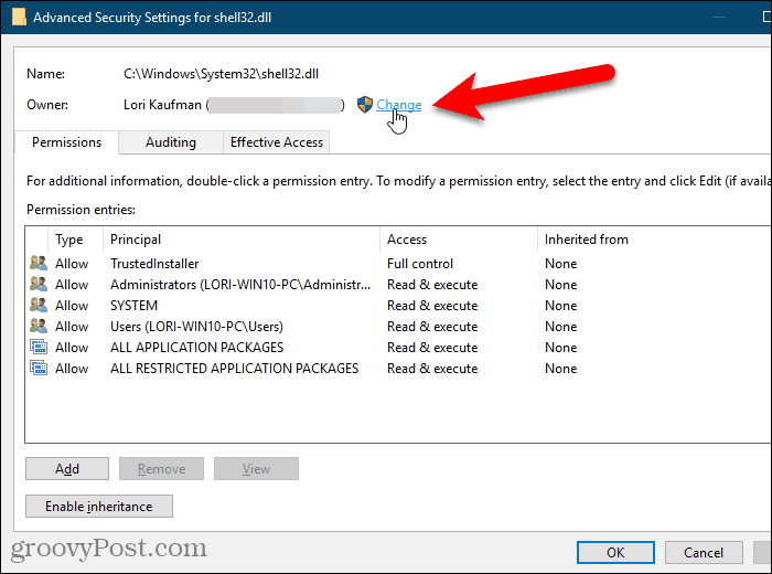 Clique em Alterar para o proprietário na caixa de diálogo Configurações avançadas de segurança no Editor do Registro do Windows