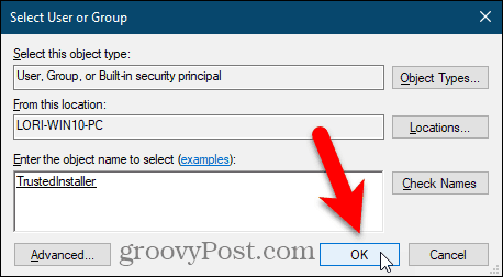 Lukk dialogboksen Velg bruker eller gruppe i Windows Registry Editor