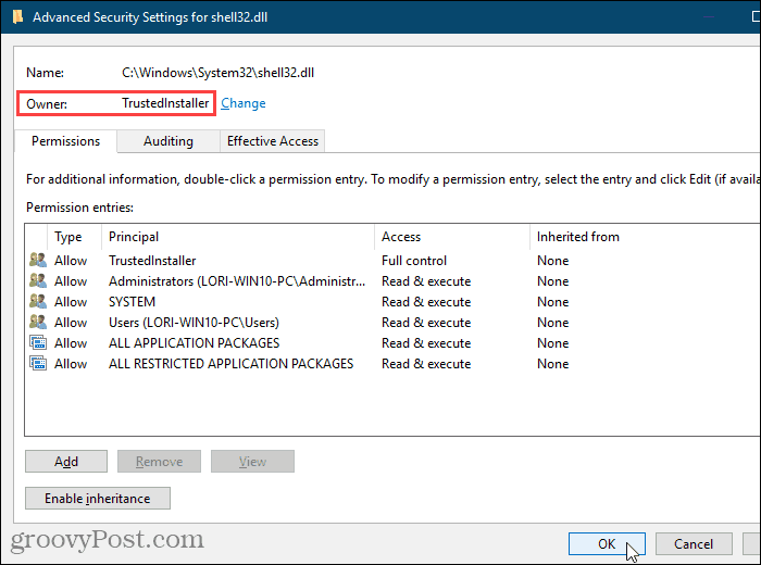 Luk dialogboksen Avancerede sikkerhedsindstillinger i Windows Registry Editor