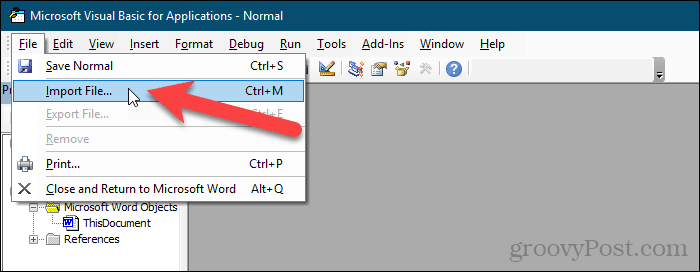 Gehen Sie zu Datei> Datei in VBA-Editor in Word importieren