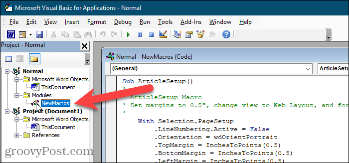 Macro-uri importate în folderul Module din editorul VBA în Word