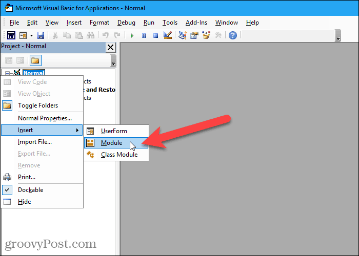 Gehen Sie zu Einfügen> Modul im VBA-Editor in Word