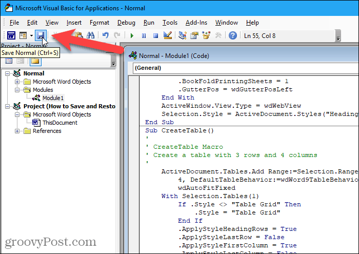 انقر فوق حفظ في محرر VBA في Word لحفظ وحدات الماكرو