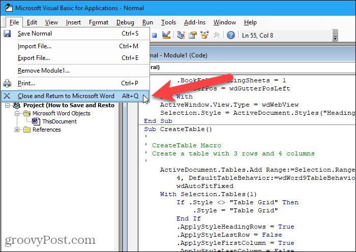 Wählen Sie im VBA-Editor Schließen und zurück zu Microsoft Word