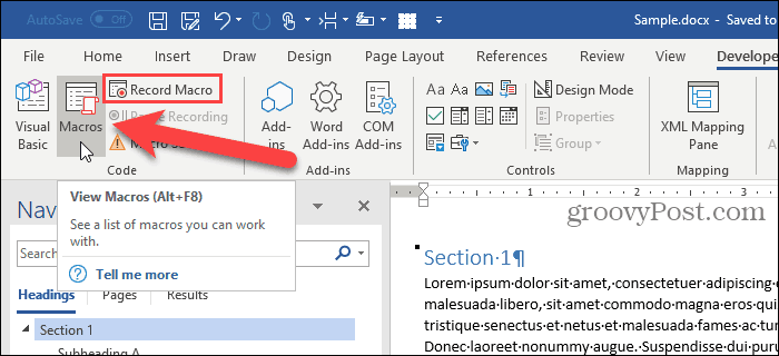 Klicken Sie auf der Registerkarte Entwickler in Word auf Makros