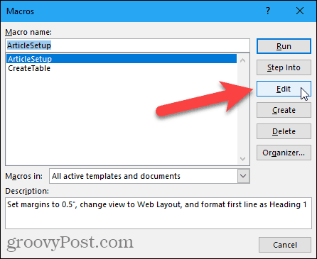 Klepněte na tlačítko Upravit v dialogovém okně Makra v aplikaci Word